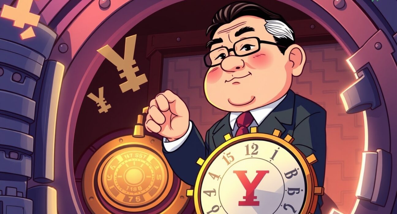 A determined cartoon central banker adjusting the Bank of Japan interest rate dial in a vibrant vault.