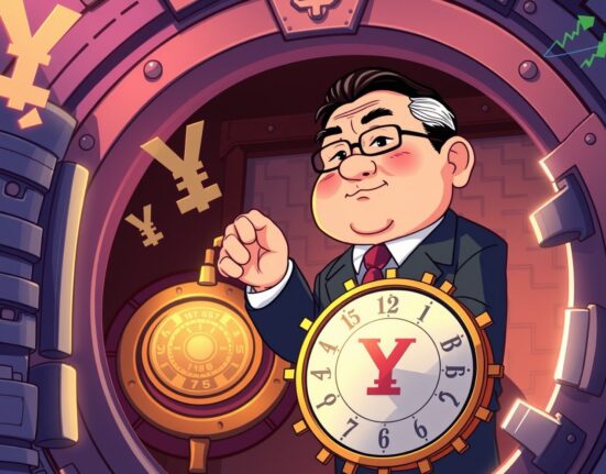 A determined cartoon central banker adjusting the Bank of Japan interest rate dial in a vibrant vault.