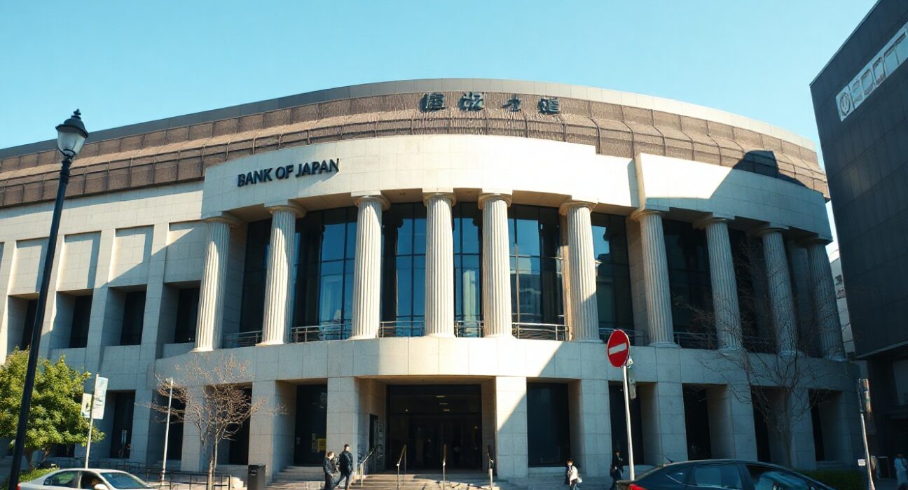 Bank of Japan headquarters building in Tokyo on a sunny day, representing upcoming monetary policy decision.