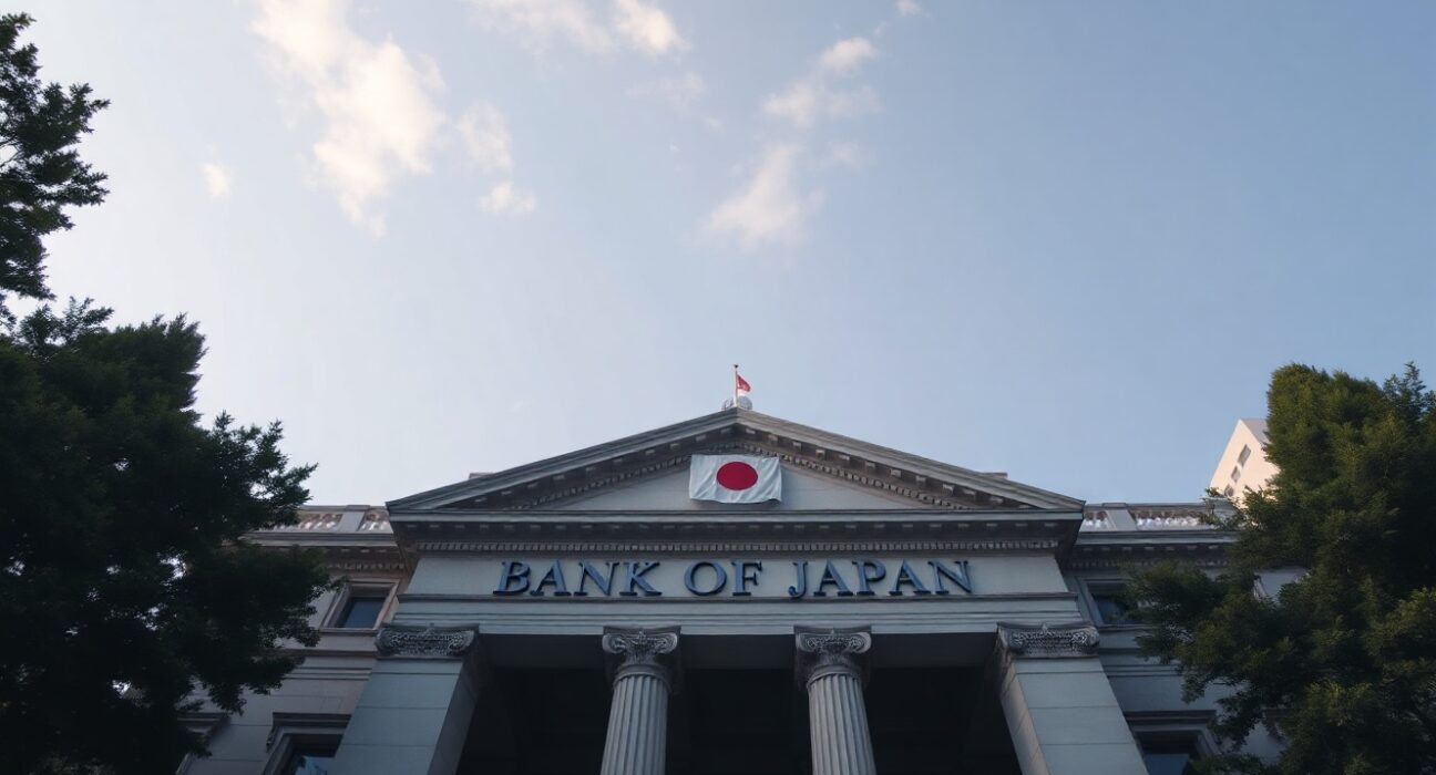 Bank of Japan headquarters in Tokyo under clear sky, representing monetary policy decision.