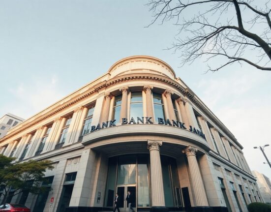 Bank of Japan headquarters building in Tokyo on a clear day, representing monetary policy decision.