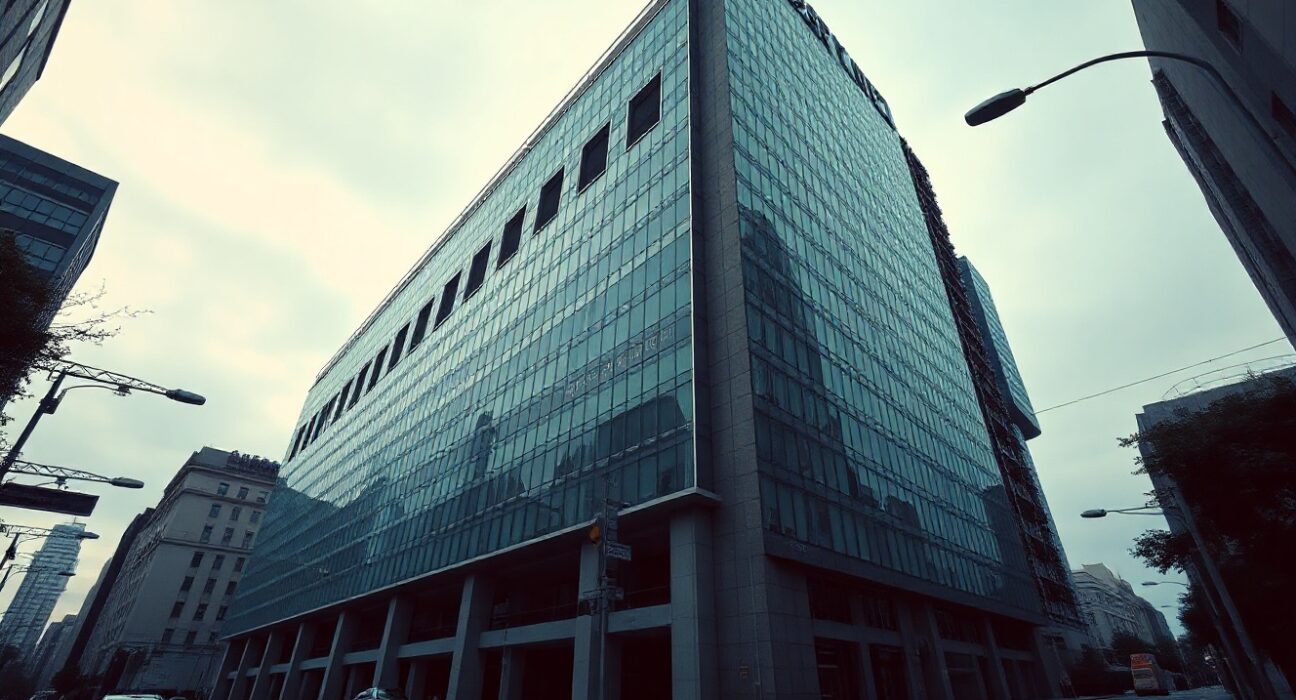 Bank of Japan headquarters building in Tokyo under overcast skies, representing monetary policy decisions and economic uncertainty.