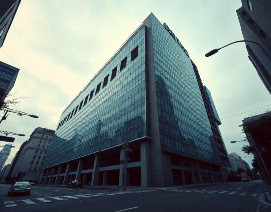 Bank of Japan headquarters building in Tokyo under overcast skies, representing monetary policy decisions and economic uncertainty.
