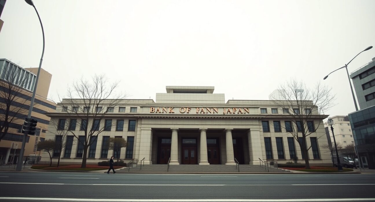 Exterior view of the Bank of Japan headquarters in Tokyo on a cloudy day.