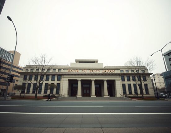 Exterior view of the Bank of Japan headquarters in Tokyo on a cloudy day.