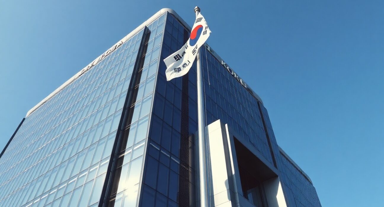 Bank of Korea headquarters in Seoul, South Korea, with flag flying in front.