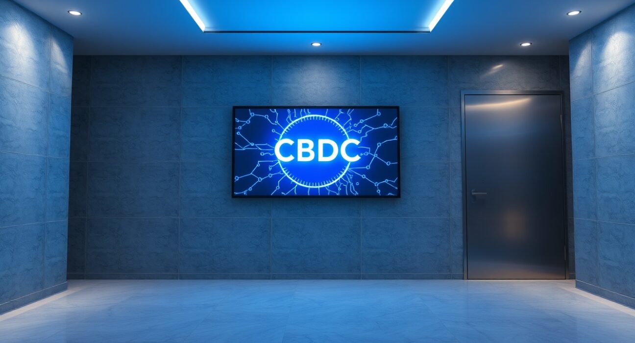 Digital display showing CBDC icon in modern bank vault interior in Seoul
