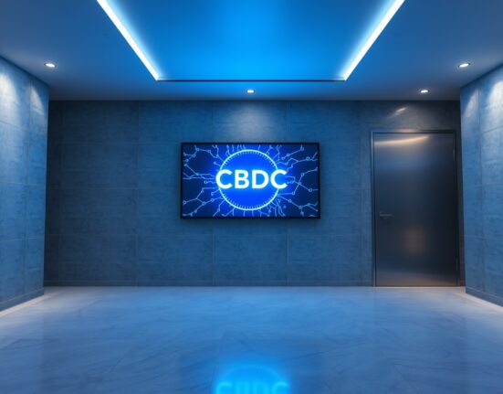 Digital display showing CBDC icon in modern bank vault interior in Seoul