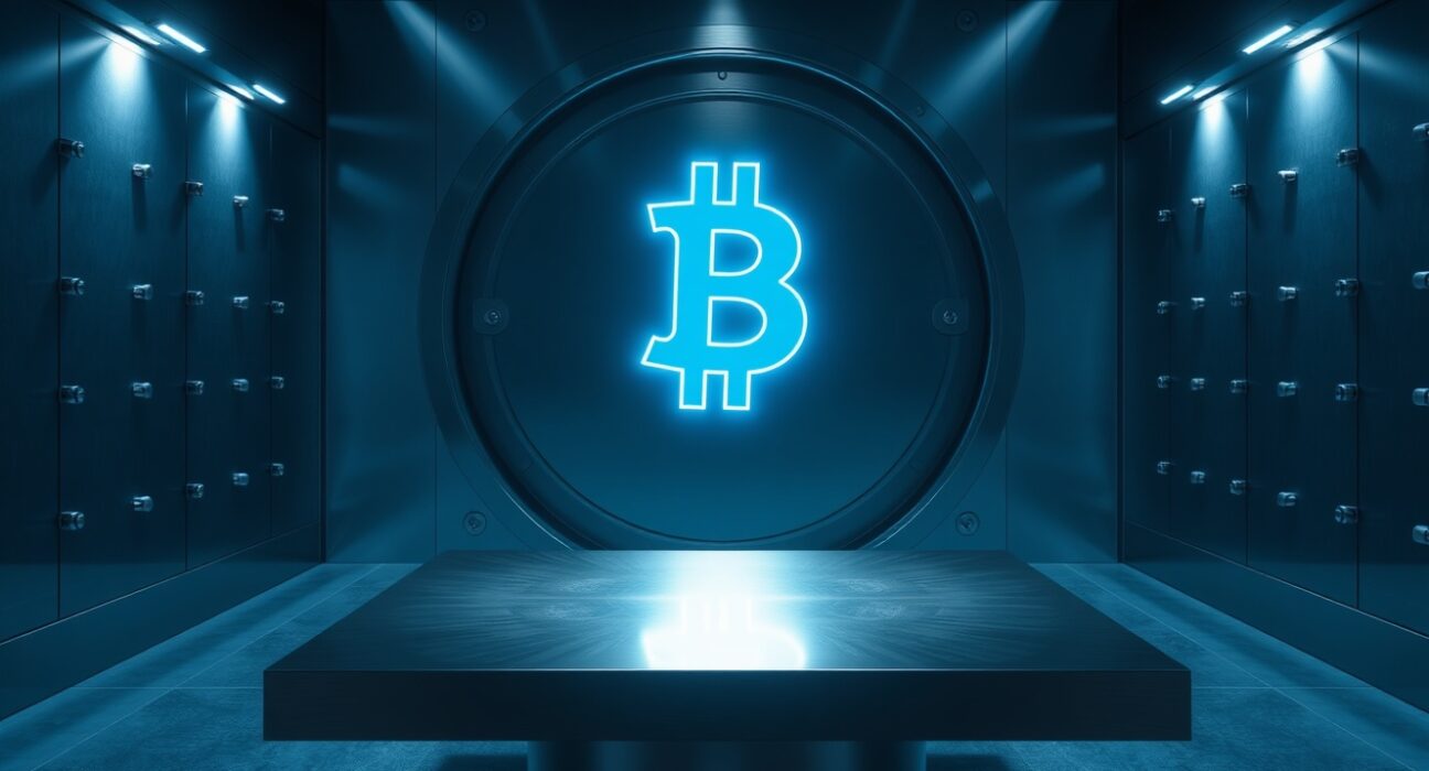 Glowing digital currency symbol in an empty bank vault representing the Bank of Korea's CBDC pilot.