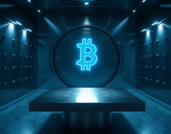 Glowing digital currency symbol in an empty bank vault representing the Bank of Korea's CBDC pilot.