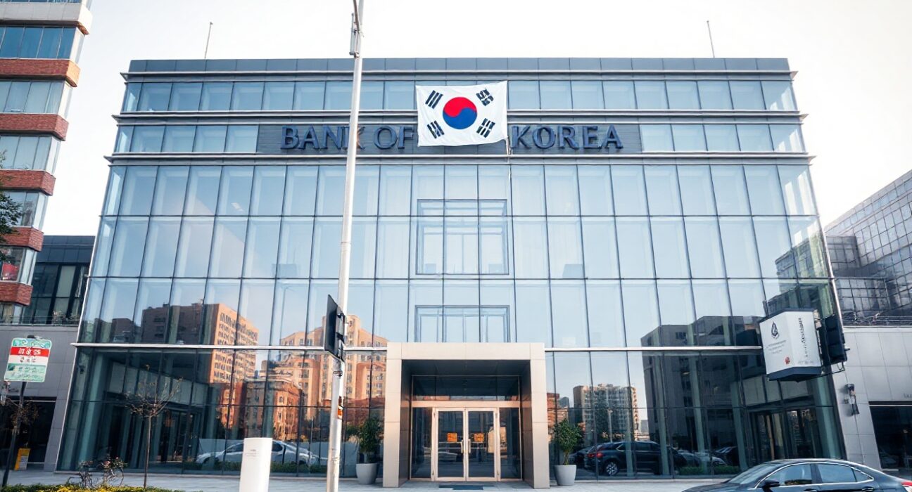 Bank of Korea headquarters in Seoul on a clear morning, representing central banking and financial stability.