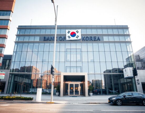 Bank of Korea headquarters in Seoul on a clear morning, representing central banking and financial stability.