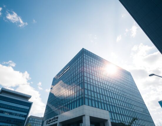 Exterior of the Bank of Korea headquarters in Seoul on a clear day.