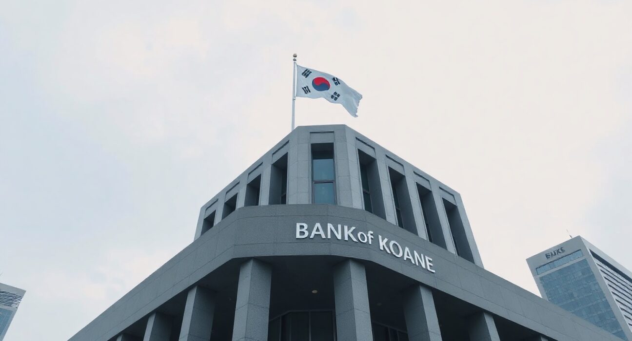 Bank of Korea headquarters building in Seoul on a clear day, representing central bank digital currency policy.