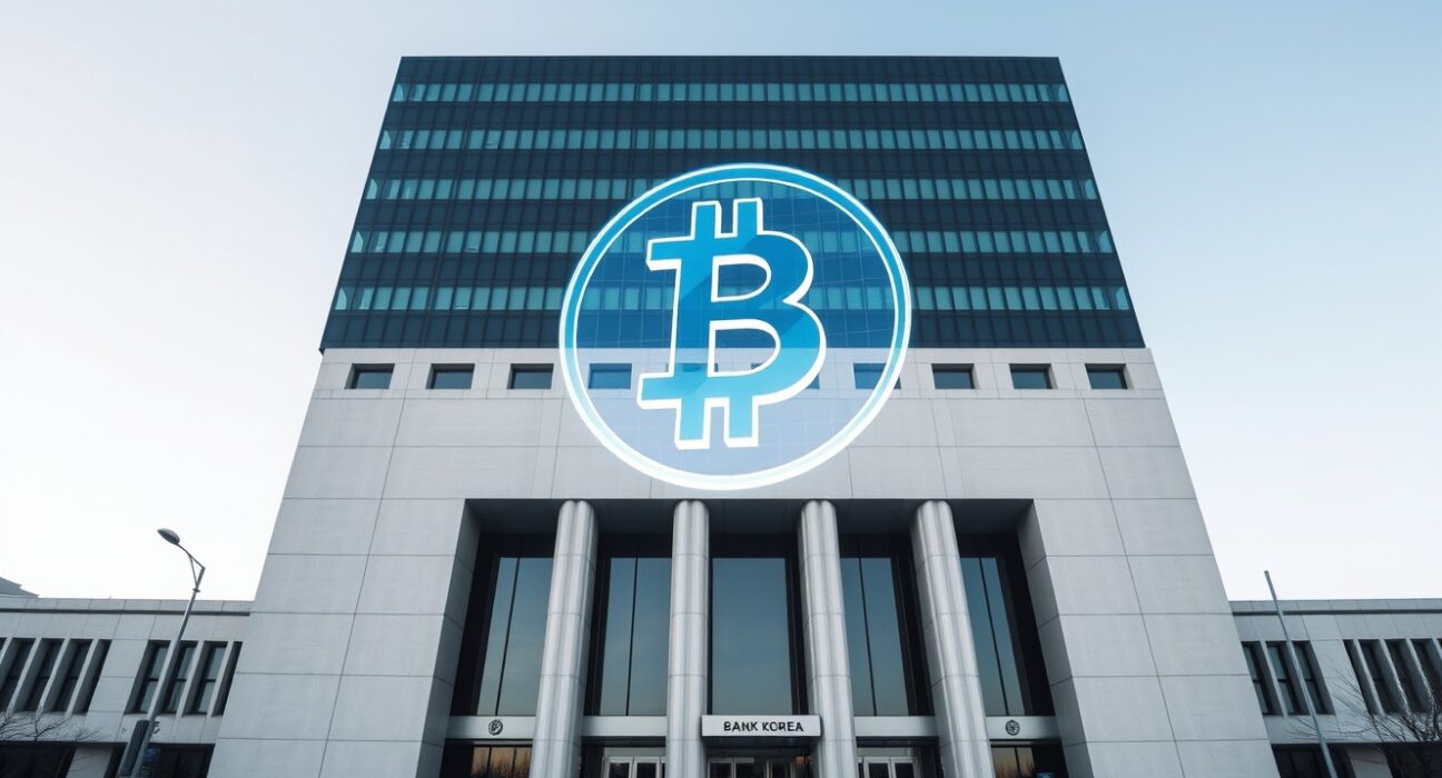 Bank of Korea headquarters in Seoul with a digital token hologram symbolizing CBDC pilot project