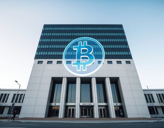 Bank of Korea headquarters in Seoul with a digital token hologram symbolizing CBDC pilot project