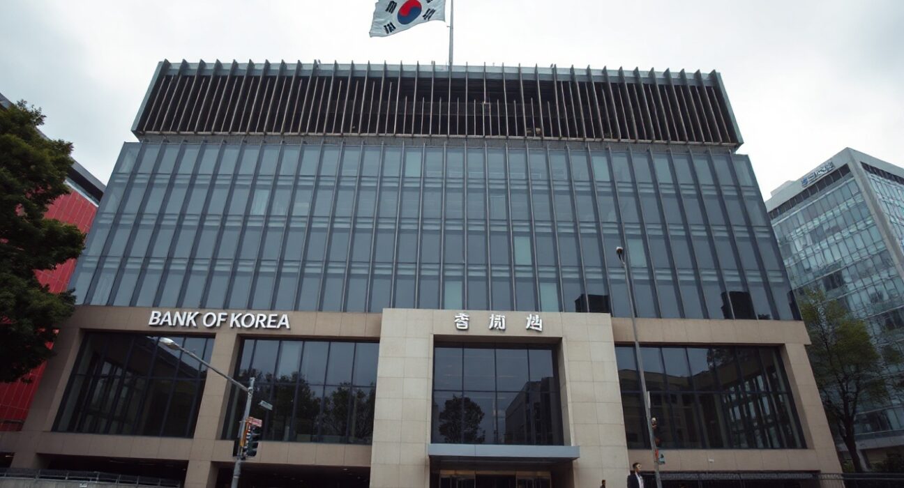 Exterior of the Bank of Korea headquarters in Seoul on a cloudy day.
