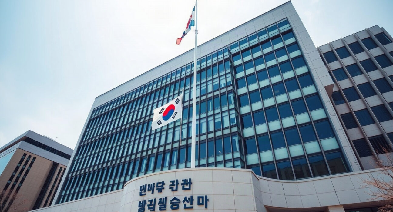 Bank of Korea headquarters in Seoul, South Korea, on a clear day.