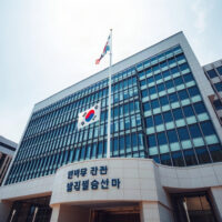Bank of Korea headquarters in Seoul, South Korea, on a clear day.