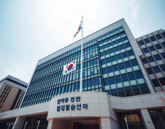 Bank of Korea headquarters in Seoul, South Korea, on a clear day.