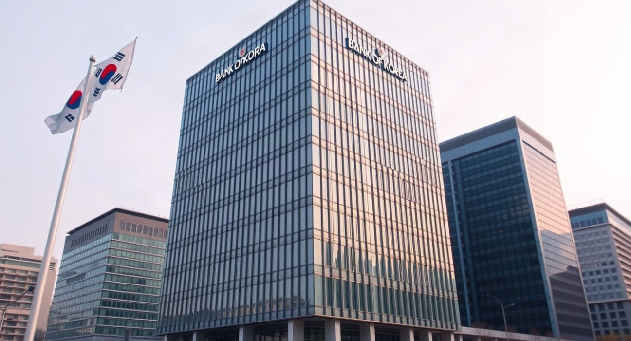 Bank of Korea headquarters in Seoul, South Korea, on a clear day.