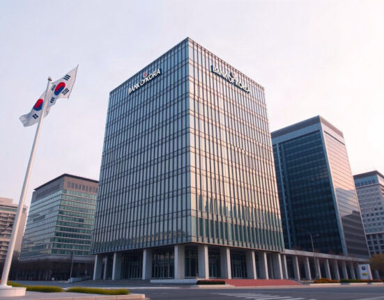 Bank of Korea headquarters in Seoul, South Korea, on a clear day.