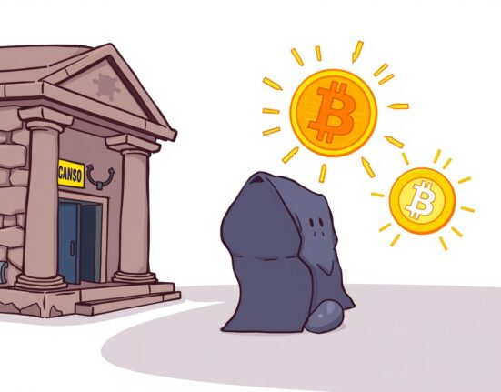 Bank of Mexico maintaining a healthy distance from volatile cryptocurrency symbols in a cartoon scene.