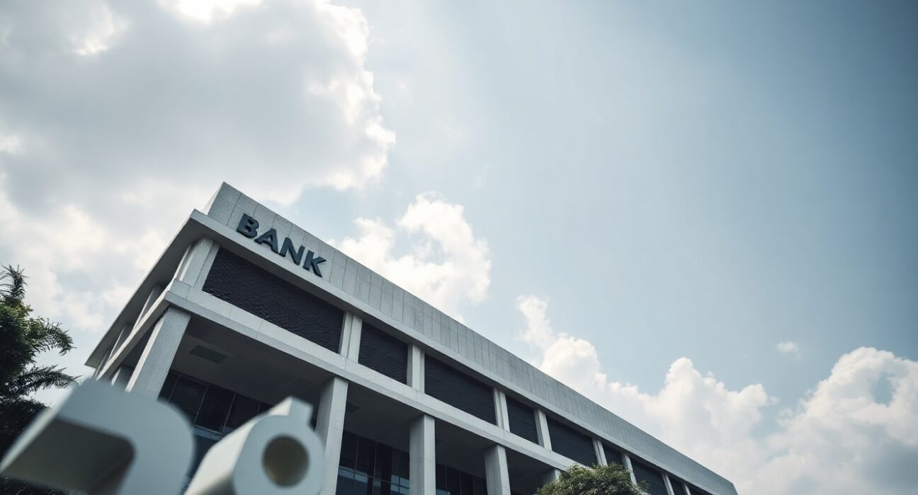 Bank of Thailand headquarters in Bangkok under cloudy sky, with baht symbol
