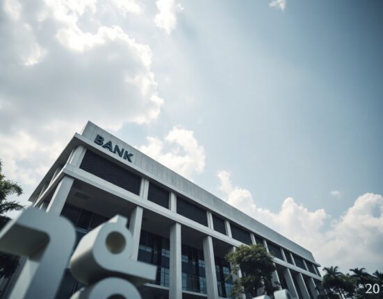 Bank of Thailand headquarters in Bangkok under cloudy sky, with baht symbol