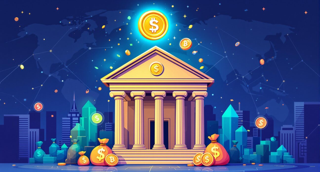 An illustration of a bank embracing digital assets, symbolizing the future of bank stablecoins in global finance.