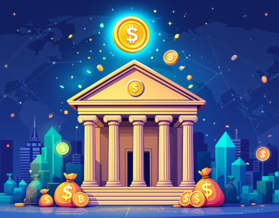 An illustration of a bank embracing digital assets, symbolizing the future of bank stablecoins in global finance.
