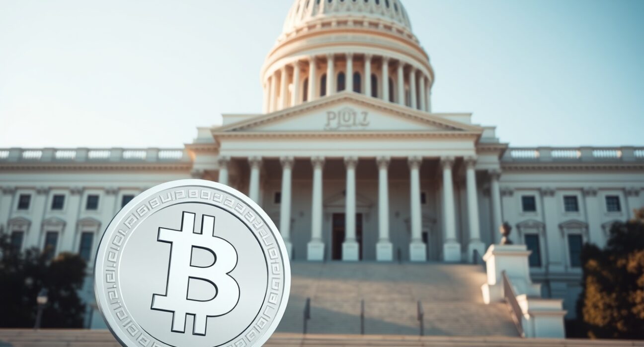 U.S. Capitol building with a digital stablecoin icon in foreground representing cryptocurrency regulation