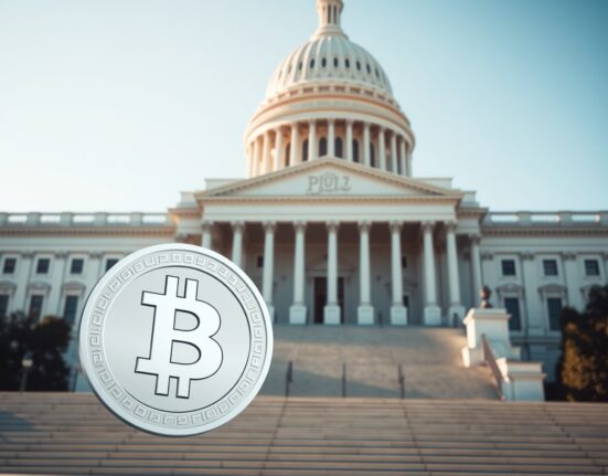 U.S. Capitol building with a digital stablecoin icon in foreground representing cryptocurrency regulation