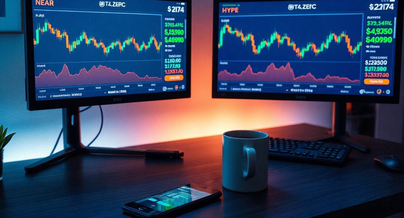 Crypto trading desk with monitors showing NEAR, HYPE, and ZEC price charts in a dimly lit home office