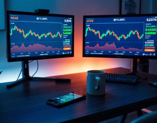 Crypto trading desk with monitors showing NEAR, HYPE, and ZEC price charts in a dimly lit home office