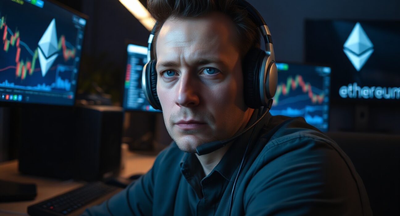 David Hoffman, host of the Bankless podcast, in a studio setting with Ethereum charts on monitors