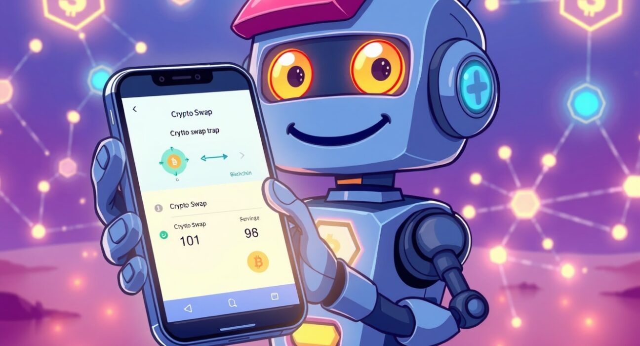 Friendly AI robot demonstrating the revolutionary Bankr Swap mini-app for on-chain crypto trading.