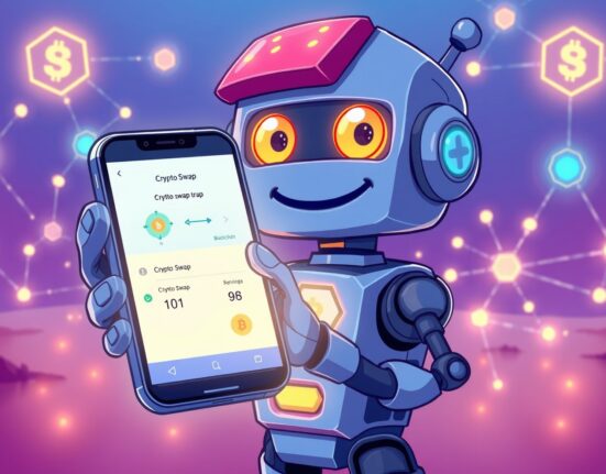 Friendly AI robot demonstrating the revolutionary Bankr Swap mini-app for on-chain crypto trading.