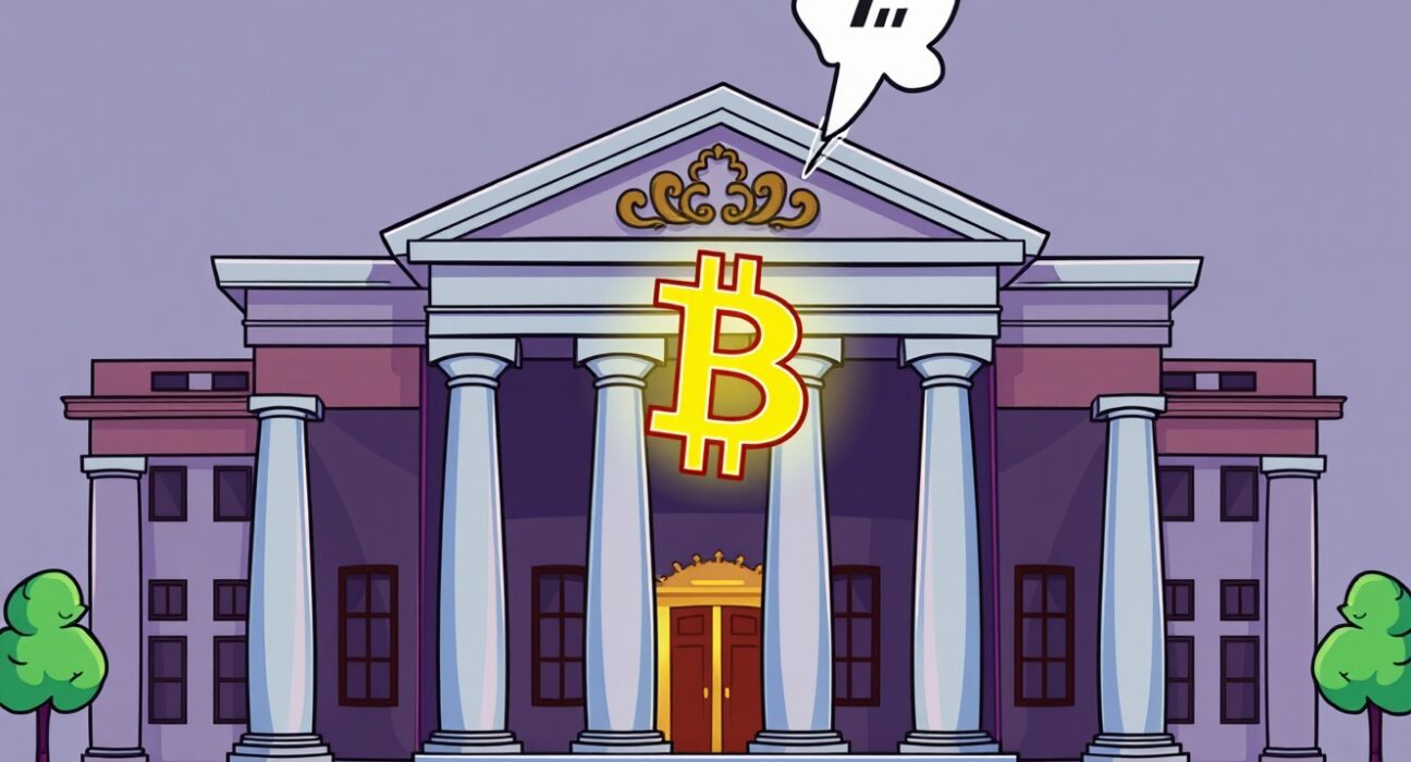 A cartoon bank building concerned about its crypto business and a potential credit rating downgrade.