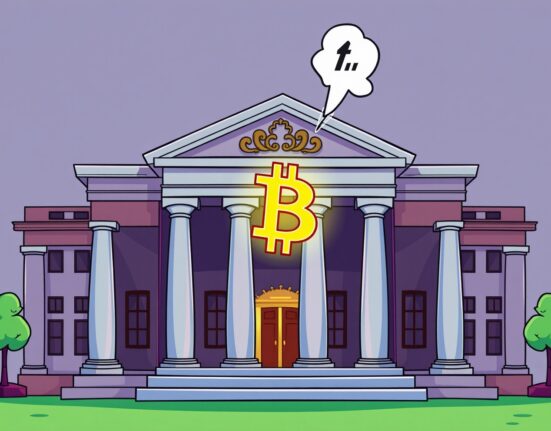 A cartoon bank building concerned about its crypto business and a potential credit rating downgrade.