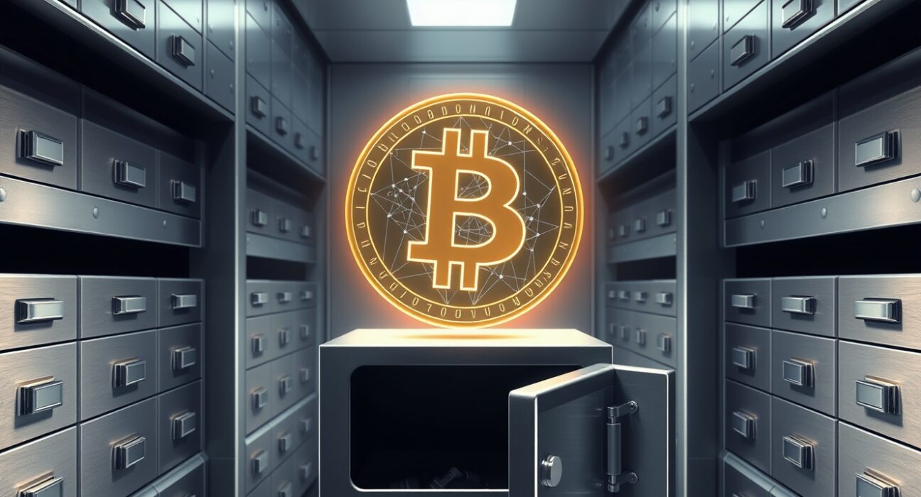 Digital deposit token in a bank vault representing the future of blockchain-based payments and on-chain cash.