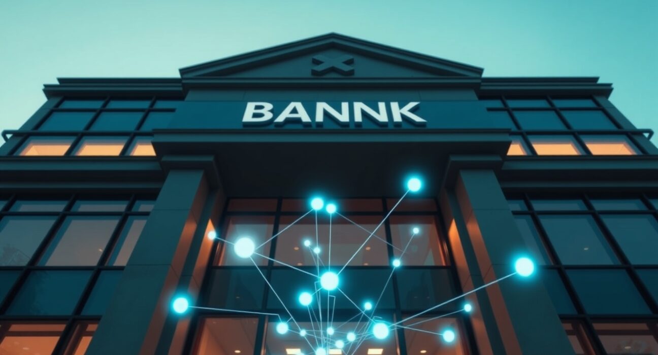 Bank building with digital network overlay symbolizing blockchain cross-border payment trial
