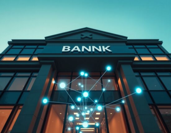 Bank building with digital network overlay symbolizing blockchain cross-border payment trial
