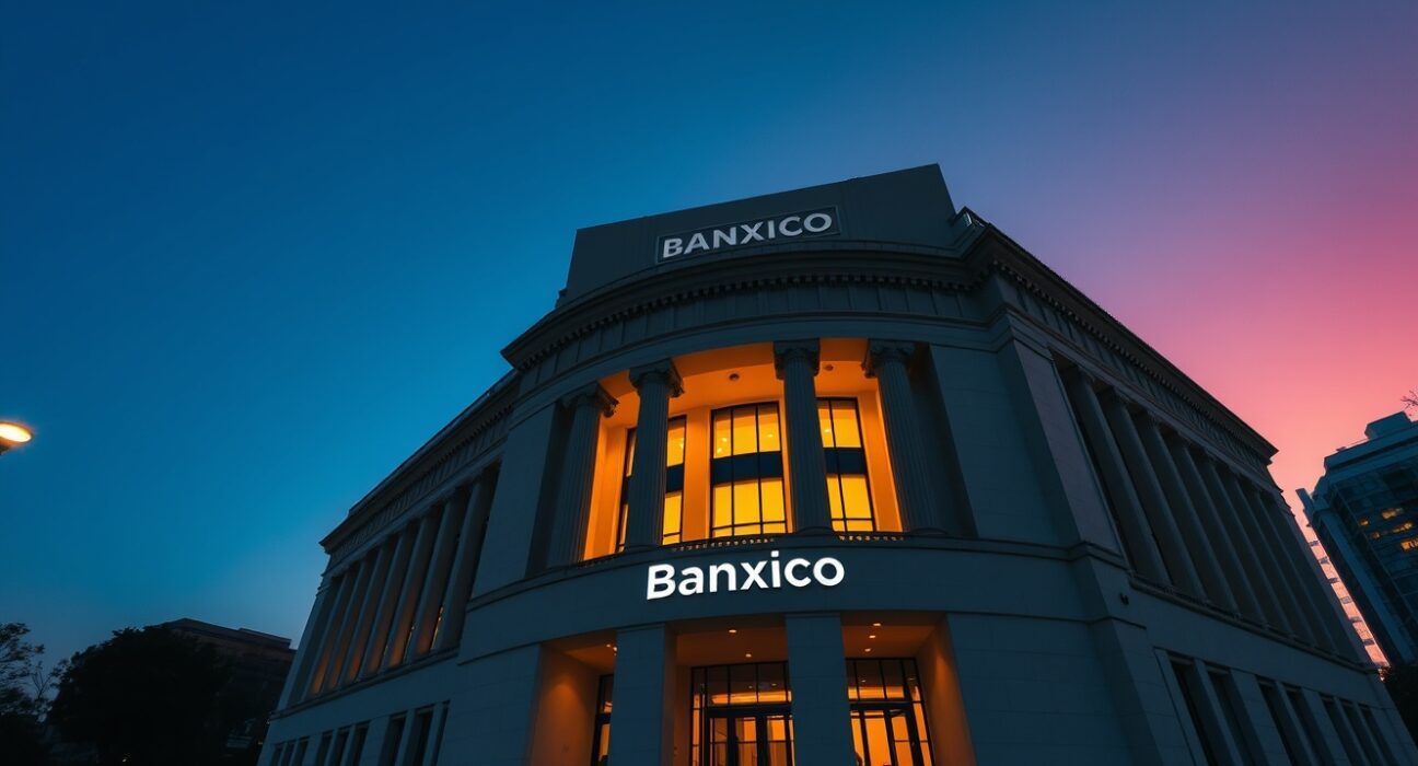 Banxico headquarters in Mexico City at dusk, representing central bank economic forecast revision.