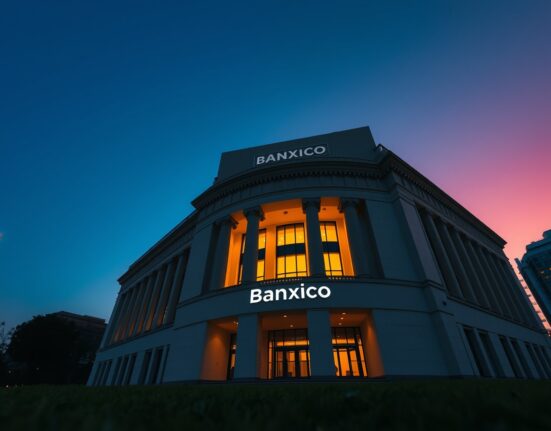 Banxico headquarters in Mexico City at dusk, representing central bank economic forecast revision.