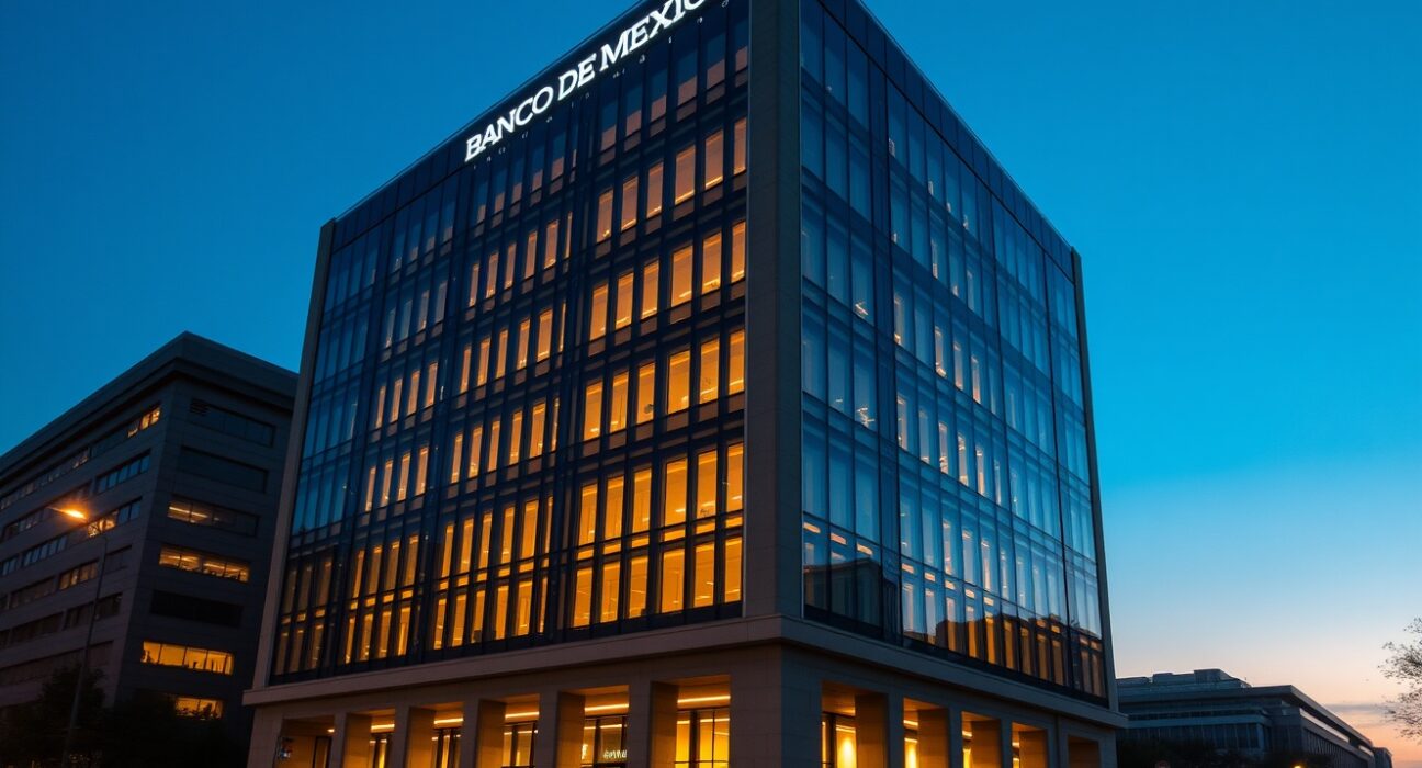 Exterior of the Banco de México building in Mexico City at dusk.