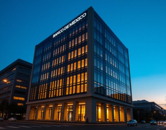 Exterior of the Banco de México building in Mexico City at dusk.