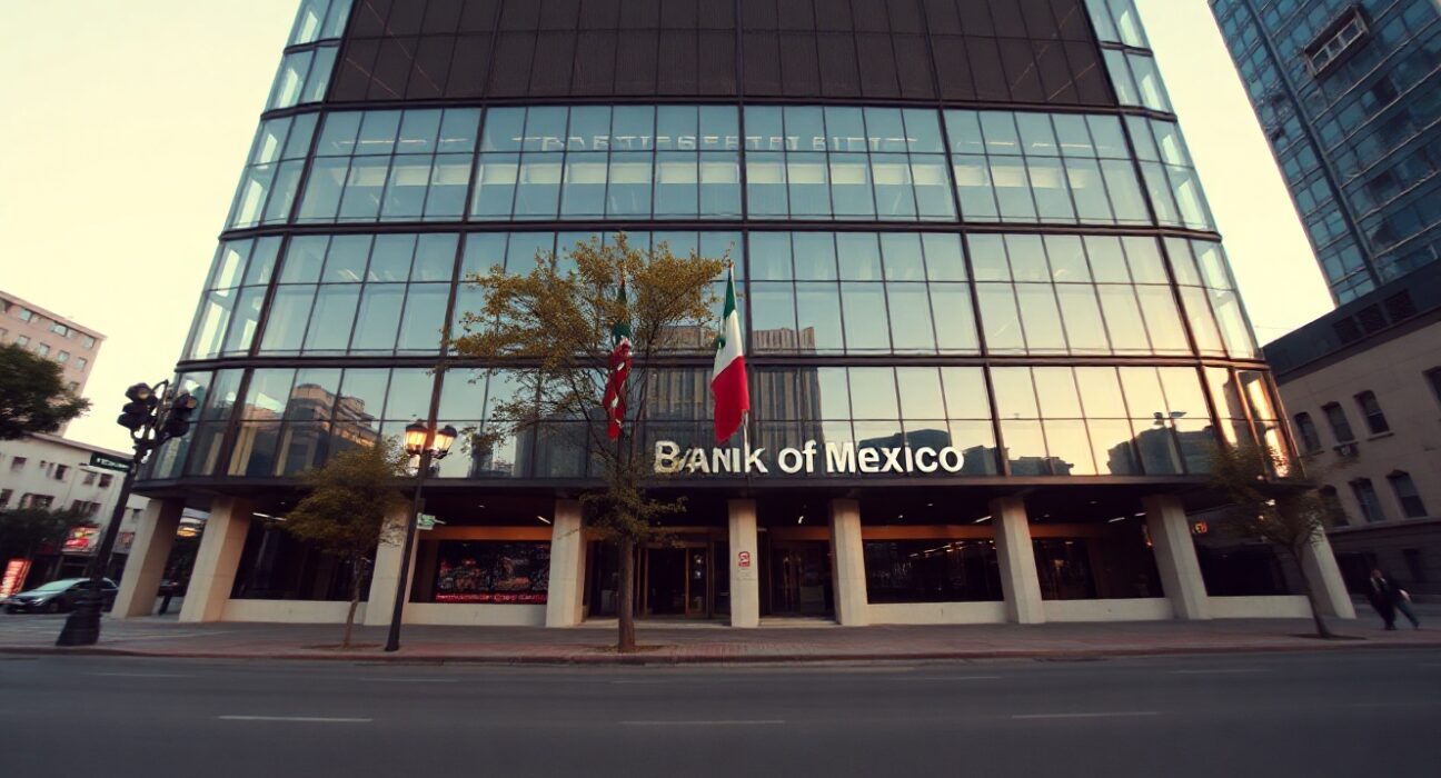 Bank of Mexico headquarters building in Mexico City on a clear afternoon.