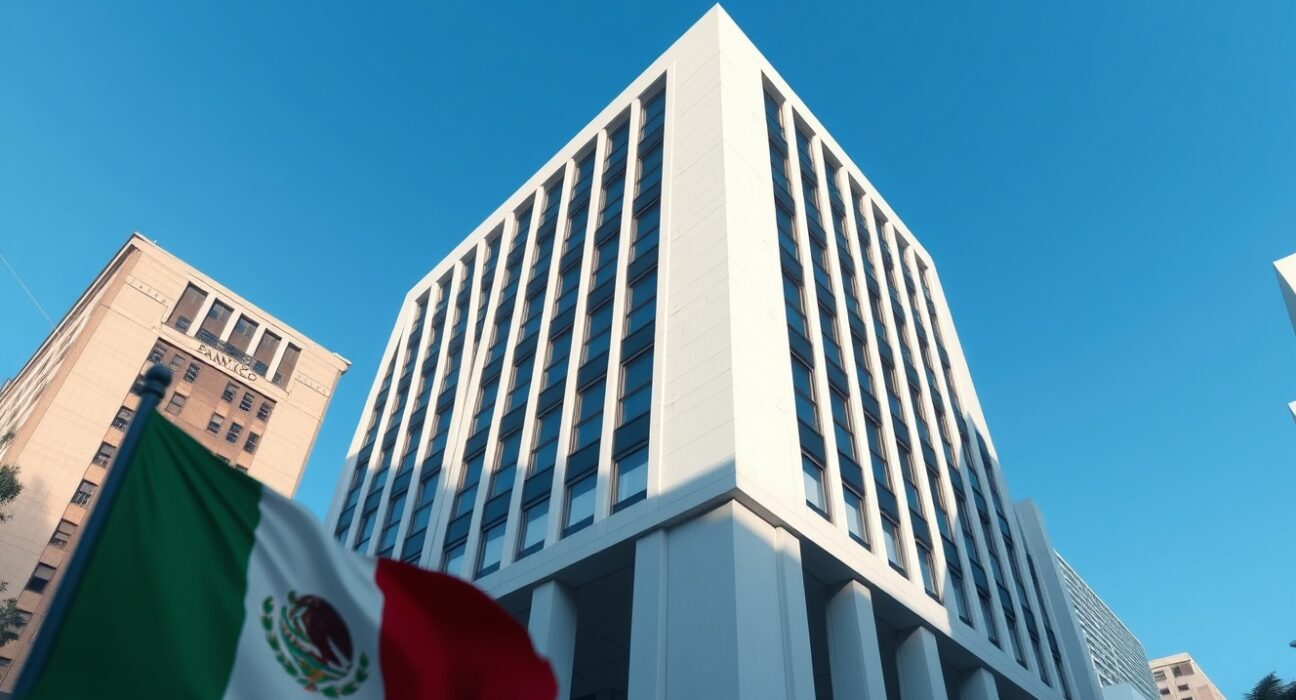 Banxico headquarters in Mexico City representing Mexico's central bank monetary policy decisions on inflation and interest rates.
