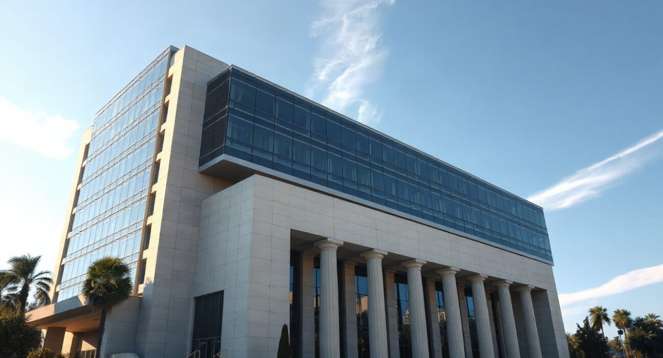 Bank of Mexico headquarters building in Mexico City on a clear morning